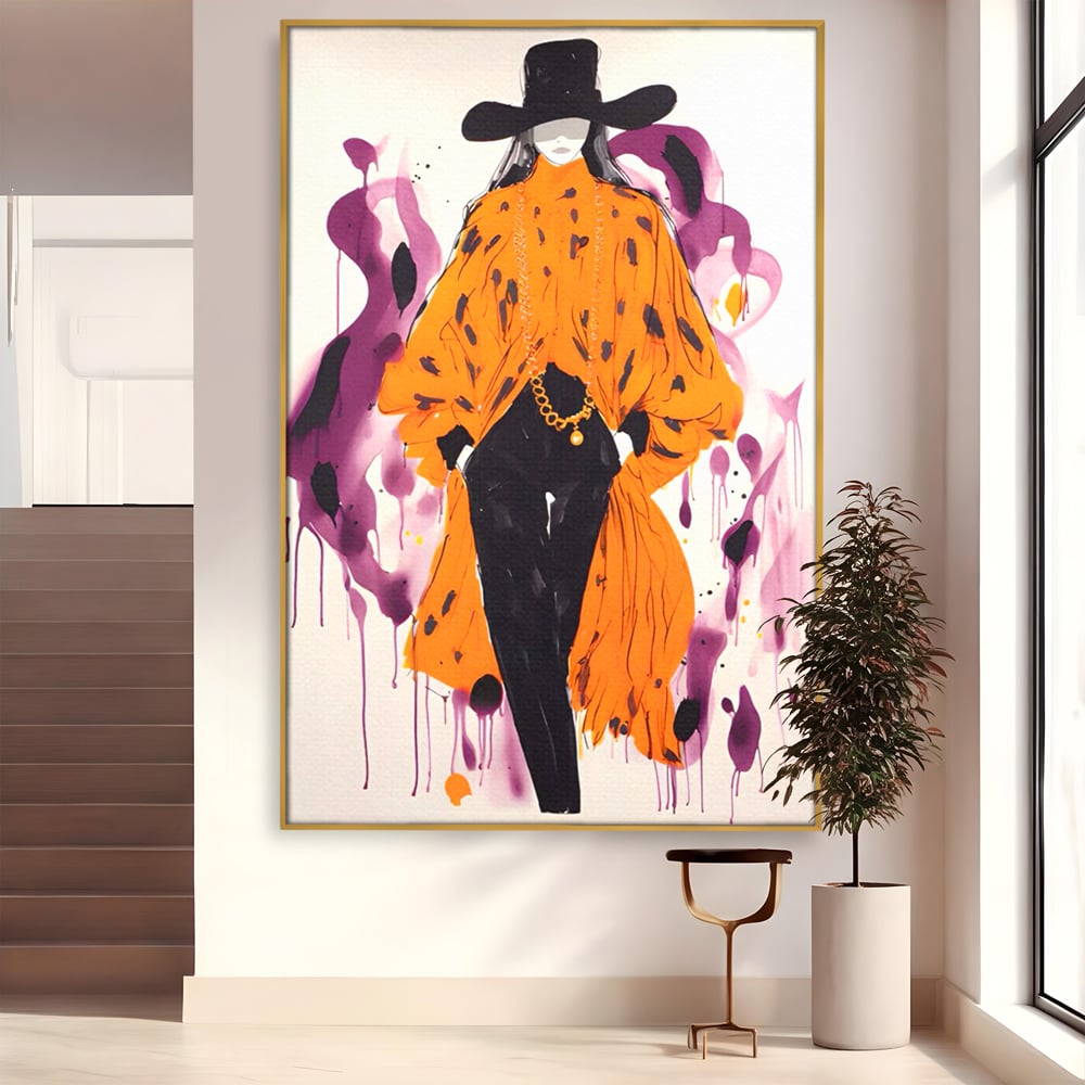 Tablou canvas cu ilustratie fashion cu femeie in costum portocaliu, in rama de aluminiu auriu